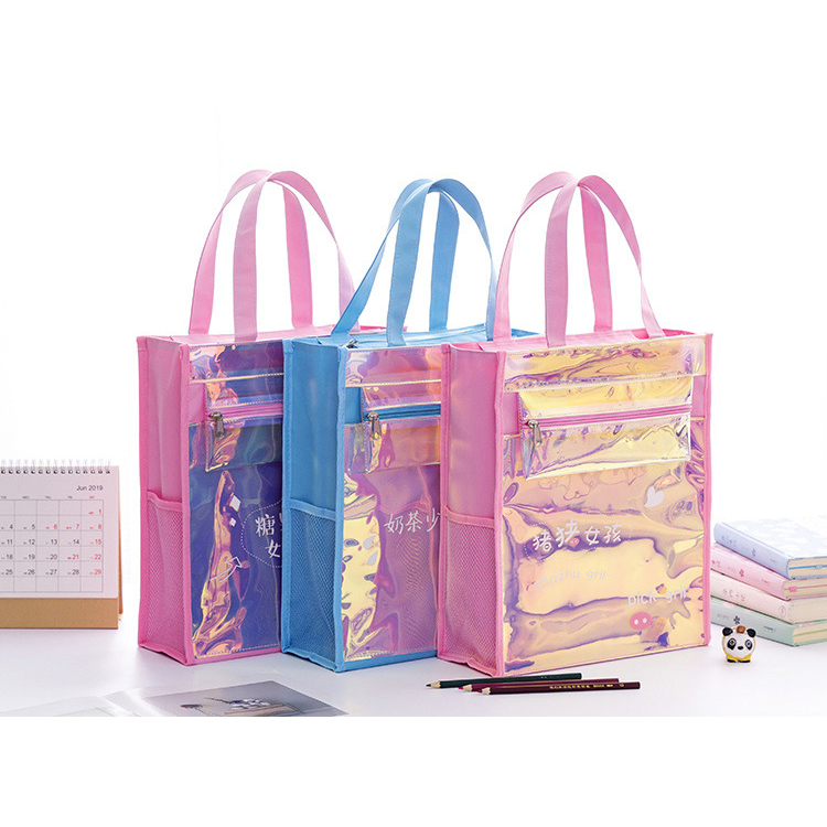 Clear PVC Rainbow Hologram Plastic Shopping Bag Gift Bag Fashion Design Transparent Handle Shopping Tote Bag