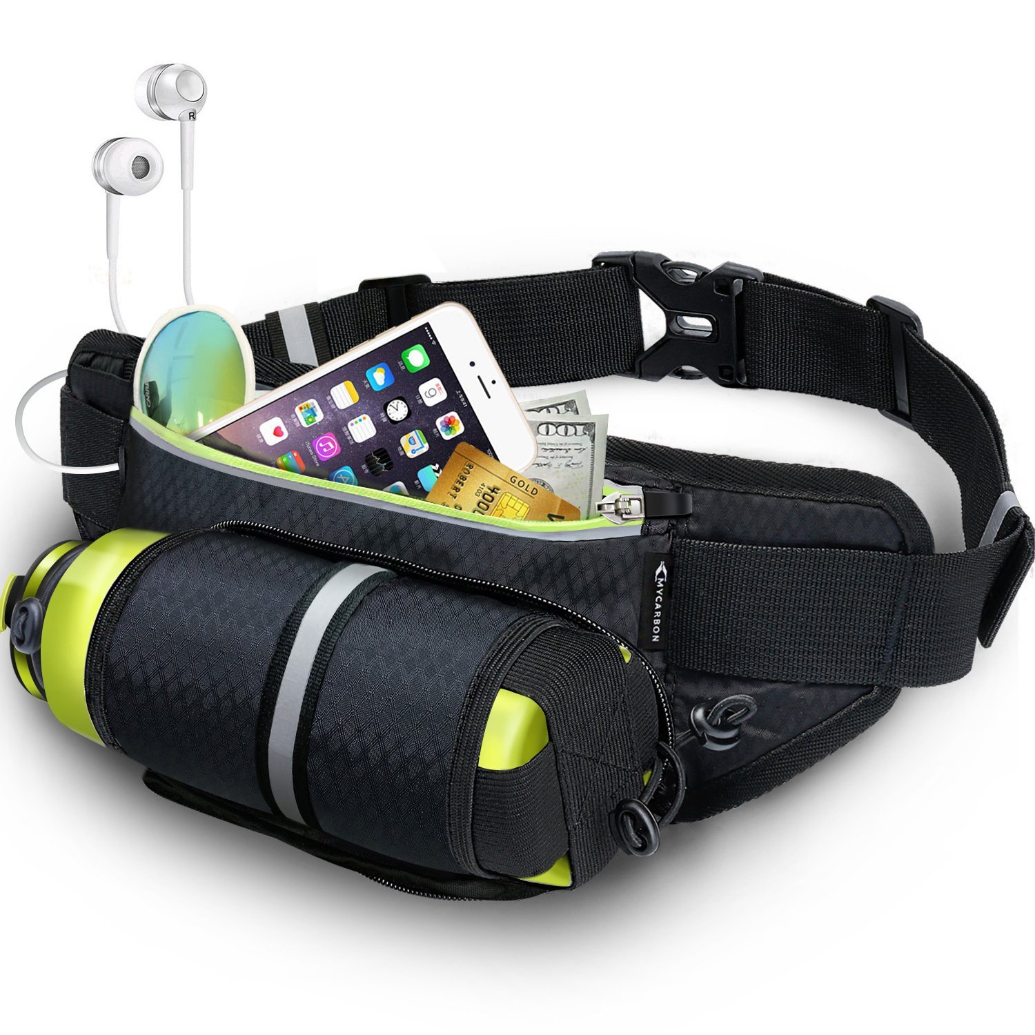 Running Waist Bag with Water Bottle Holder Fanny Packs with Adjustable Running Belt Reflective Running Gear for Cycling Walking Hiking