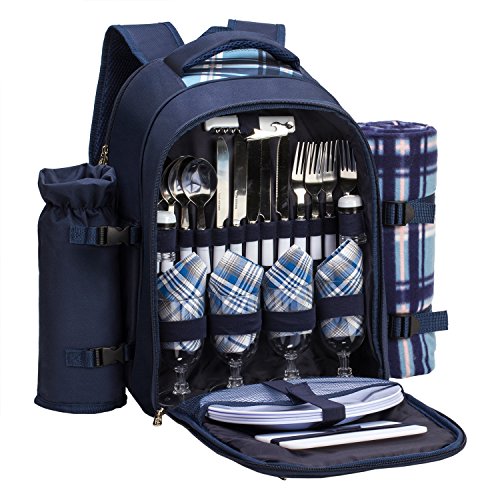 Outdoor Camping Waterproof Insulated Picnic Cooler Backpack Bag Set for 4 Person with Picnic Blanket