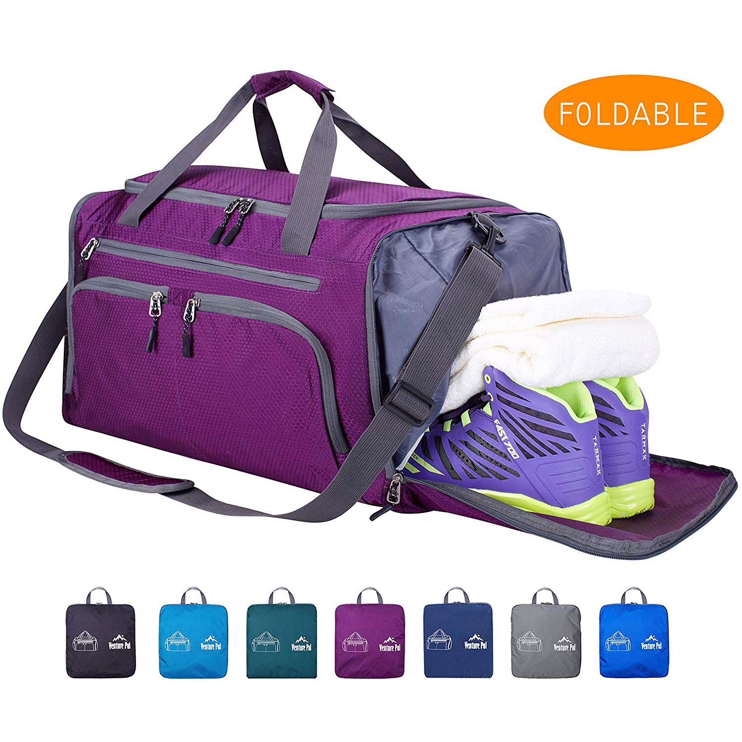 Foldable Duffel Bag Water-Resistant Packable Sports Gym Bag with Wet Pocket & Shoes Compartment Portable Weekender Bag Lightweight for Travel