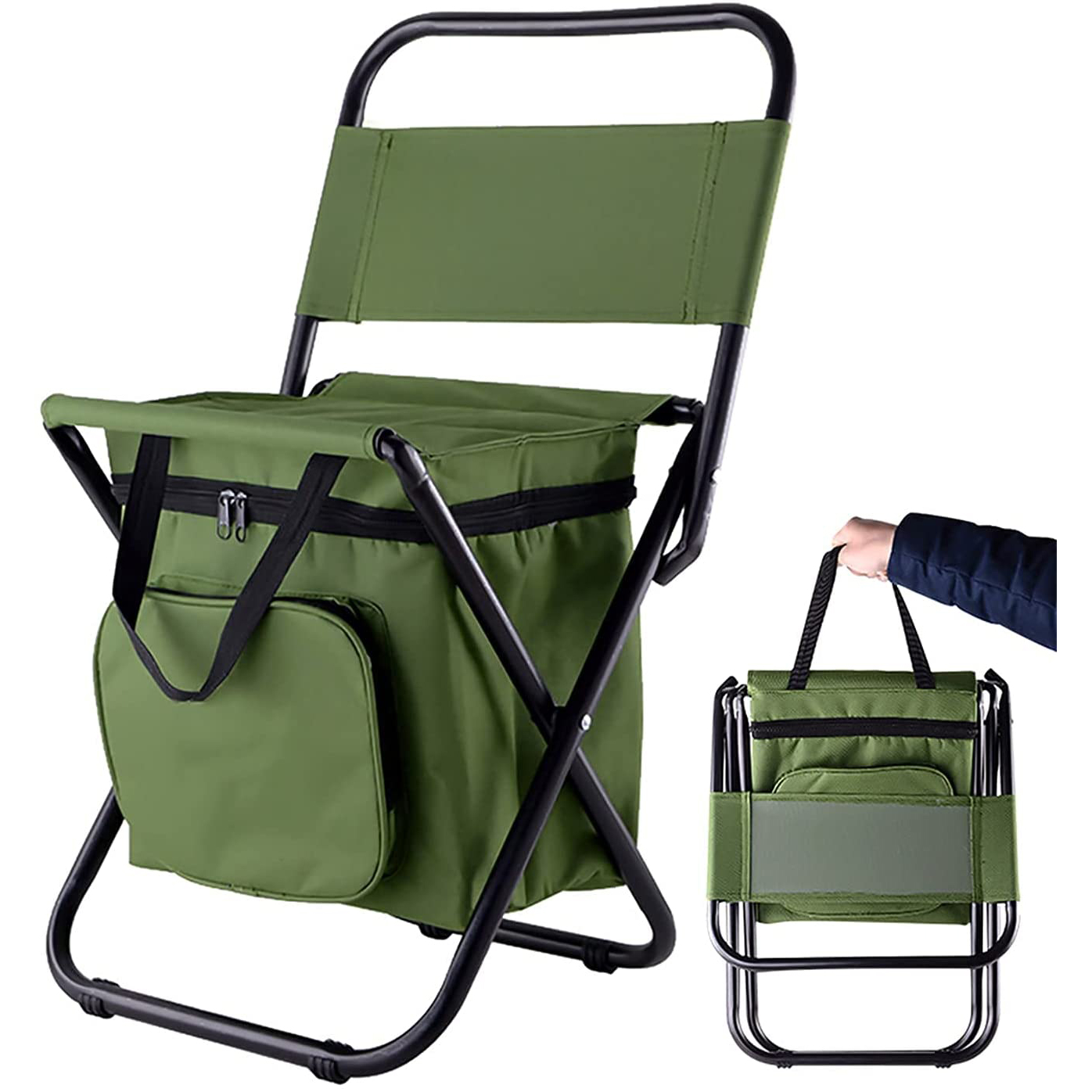Folding Camping Chair with Cooler Outdoor Portable Camping Stool Compact Lightweight Fishing Chairs Backpack for Beach Picnic Travel Fishing